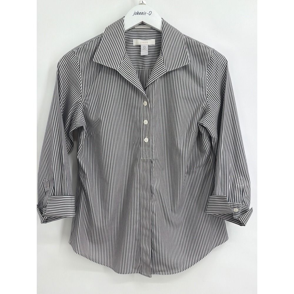Chicos No-Iron Striped Button Down Shirt Navy White Cotton 3/4 Sleeve Size 0 XS